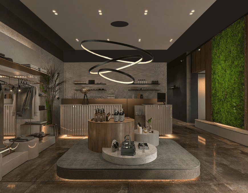 a room with a store with a round table and shelves