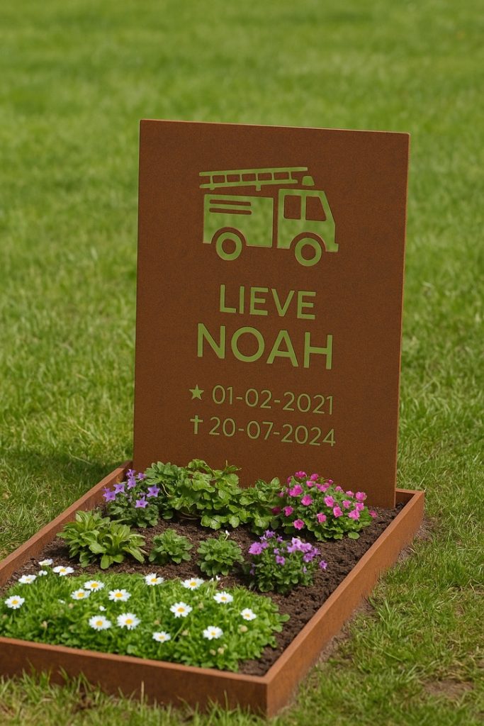 Grafmonument van cortenstaal met uitgesneden brandweerauto, naam Lieve Noah en beplanting