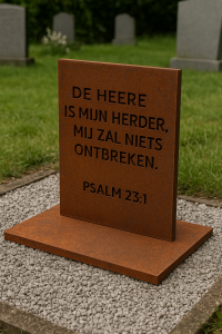 Grafmonument van cortenstaal met uitgesneden tekst: De Heere is mijn Herder, Psalm 23:1